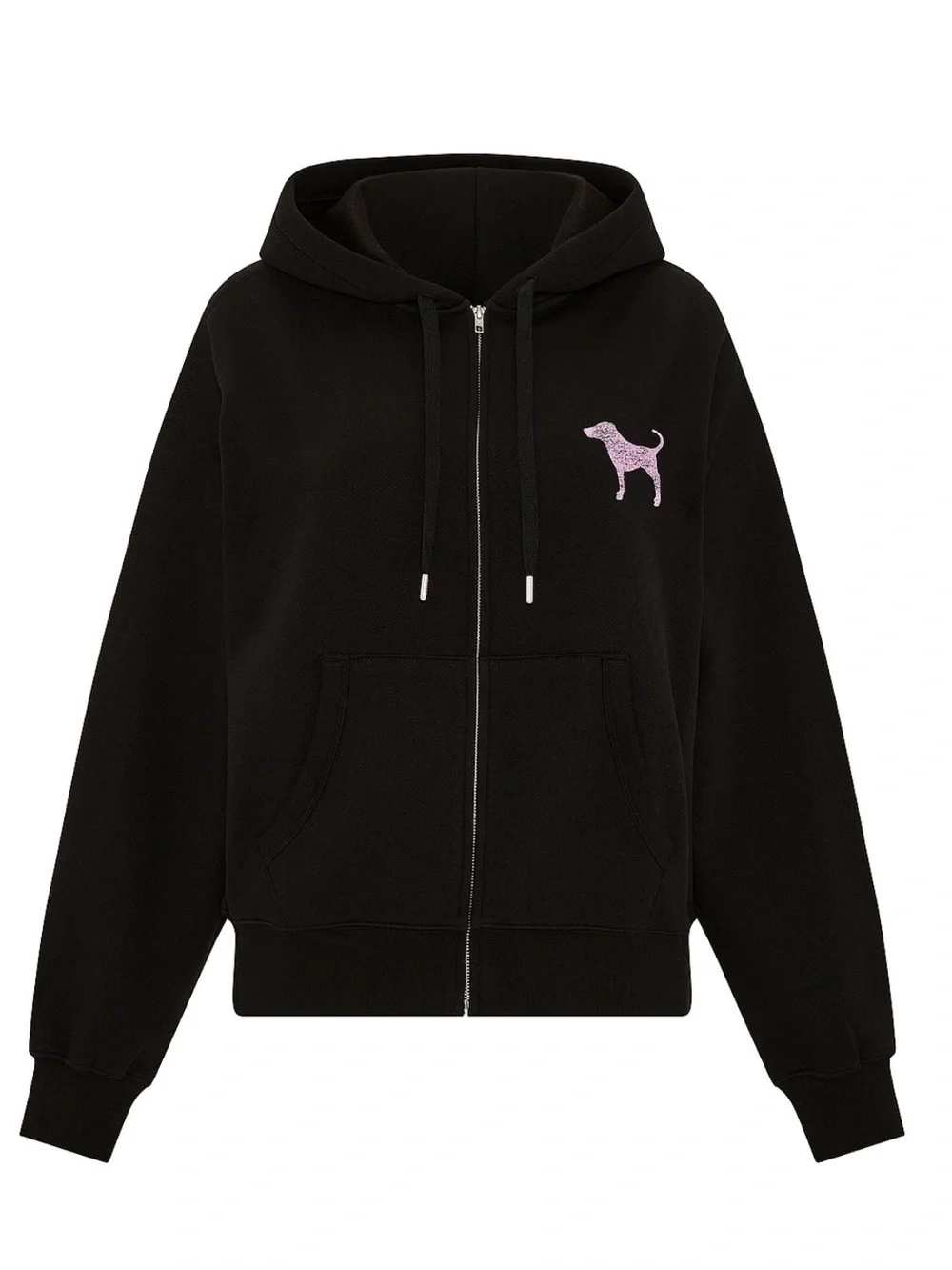 PINK Victoria's Secret Black Zip-Up Hoodie with Pink Dog Embroidery